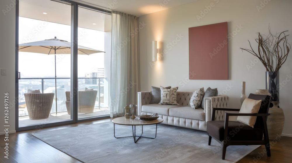 Fototapeta premium Helles und freundliches Wohnzimmer mit Blick auf den Balkon