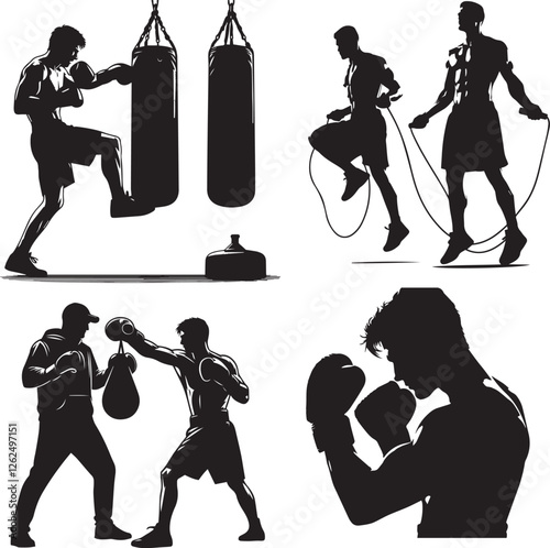 Boxing Training Silhouettes: From Heavy Bag to Shadowboxing in Black and White