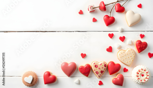 Valentines Day banner with side border of various sweets and cookies. Top view over a white wood background. Love and hearts theme. Copy space, asian style. with white shades