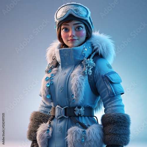 ELEGANT ARCTIC EXPLORER IN A JEWELED SNOWFALL COAT, STANDING AGAINST A COOL BLUE GRADIENT BACKGROUND WITH A FROSTY AURA. ADVANCED AI-GENERATED VISUALS FOR CINEMATIC CHARACTER DESIGN. photo