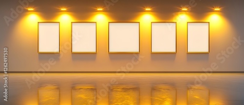A rectangular white wall lit by seven golden-yellow spotlights, showcasing five evenly spaced square blank frames. The resin floor mirrors the glowing frames perfectly.