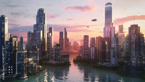 Skyline in der Zukunft von einer großen Stadt mit Wolkenkratzern und fliegenden Autos