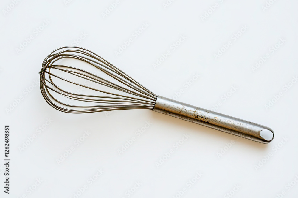 A wellused metal whisk on a white background a kitchen utensil for cooking baking and whisking A wellused metal whisk on a white background a kitchen utensil for cooking baking and whisking