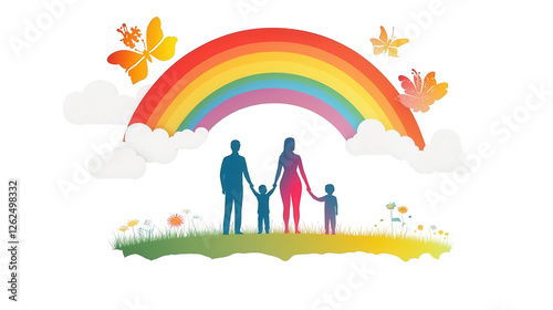 Parents Day PNG of parents holding their child's hands with a rainbow in the background, symbolizing love and unity, isolated on white background