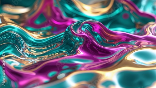 CLOSE-UP OF THE TEXTURE OF LIQUID, SHINY METAL IN GREEN, GOLD, AND HOT PINK COLOR WITH 
HIGHLIGHTS AND SHIMMER. LIQUID METALLIC TEXTURE.
 photo