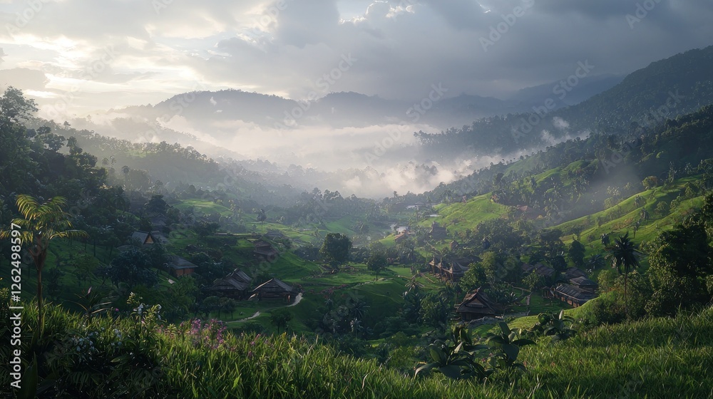 Fototapeta premium Misty mountain valley with wooden houses at sunrise