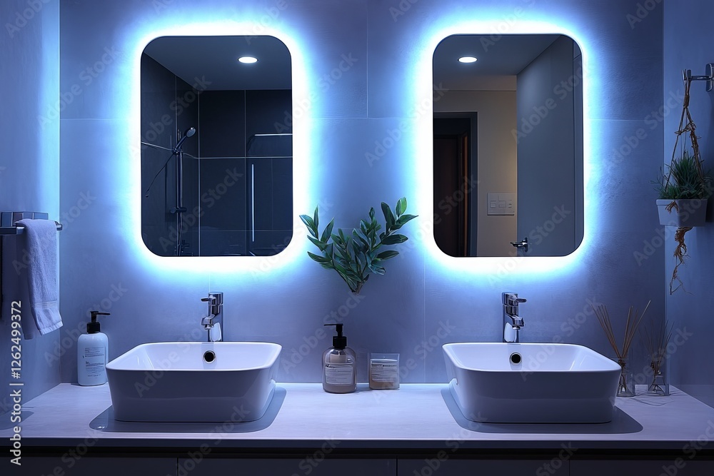 Fototapeta premium Modern bathroom design featuring illuminated sinks and stylish mirrors in a cozy space