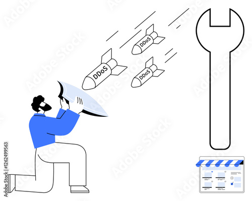 Man holding a shield deflects incoming DDoS missiles, a giant wrench, and a website address bar. Ideal for cybersecurity, IT protection, online safety, threat management, technical support, digital