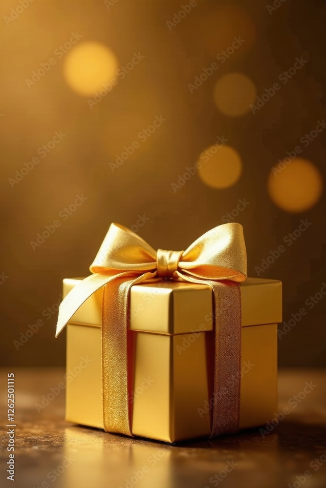 Luxury gold present, golden bokeh backdrop, elegant bow , lights, christmas gift, gift box Luxury gold present, golden bokeh backdrop, elegant bow , lights, christmas gift, gift box