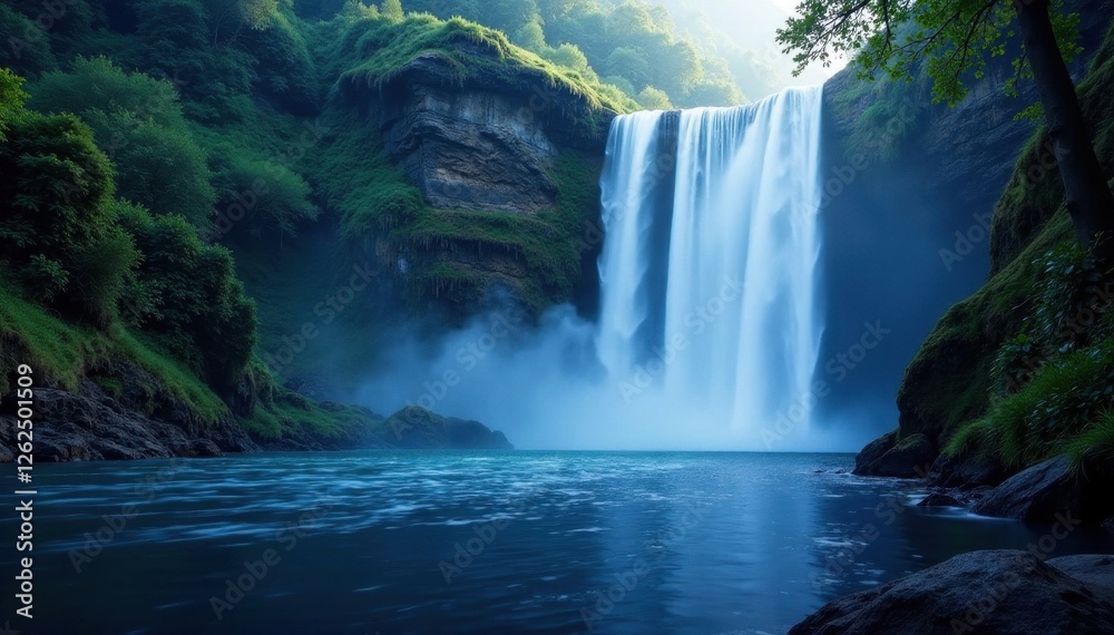 Fototapeta premium Majestic waterfall, falling water, dark backdrop, isolated object, background