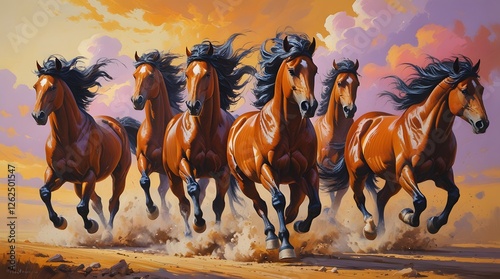 Majestic Wild Horses Running at Sunset