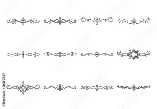 Tet of text delimiters and scroll elements, Graphic underline elements, Vintage divider, vector illustration border