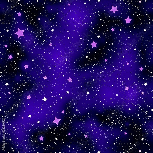 Purple Galaxy Dream: A mesmerizing seamless pattern of twinkling stars and nebulae in shades of deep purple and violet, perfect for backgrounds, textiles, and dreamy designs.