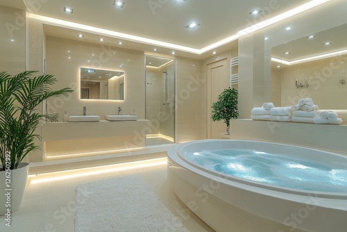 Luxurious bathroom with modern amenities featuring a whirlpool tub and stylish decor in a serene indoor environment