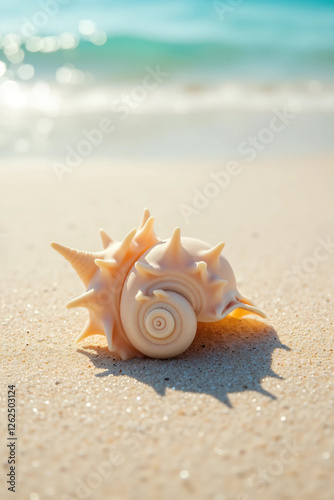 Summer beach with strafish and shells on Fine Sand – Soft Natural Lighting Highlights Its Curves and Texture, Creating a Peaceful, Beach-Inspired Aesthetic Perfect for Travel and Ocean- photo