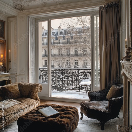 Ornate living room overlooks snow covered parisian buildings and balcony