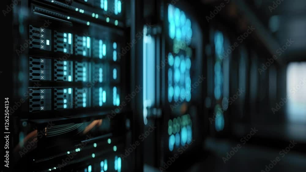 modern internet server room and data center with supercomputers light seamless animation. 4k UHD