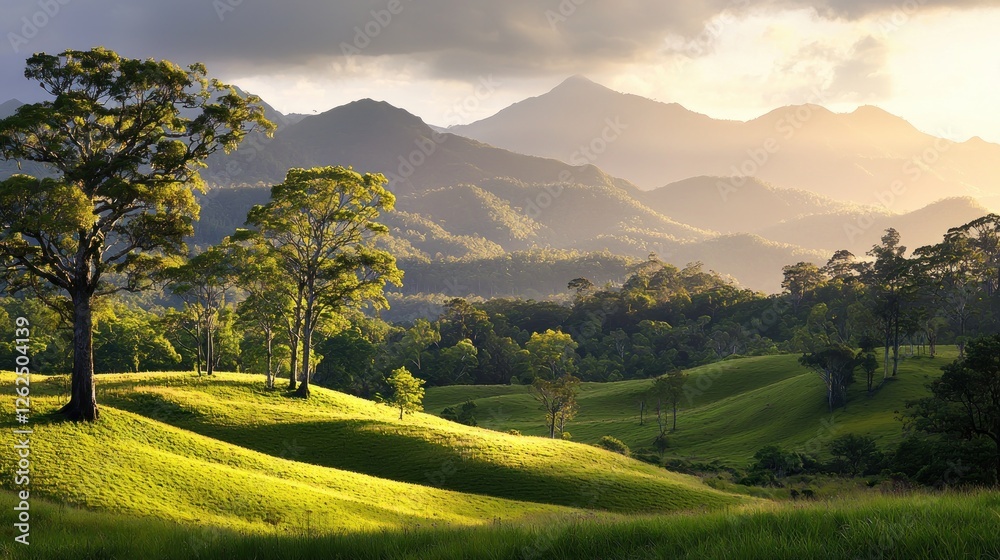 Obraz premium Sunrise valley, rolling hills, trees, mountains, serene landscape