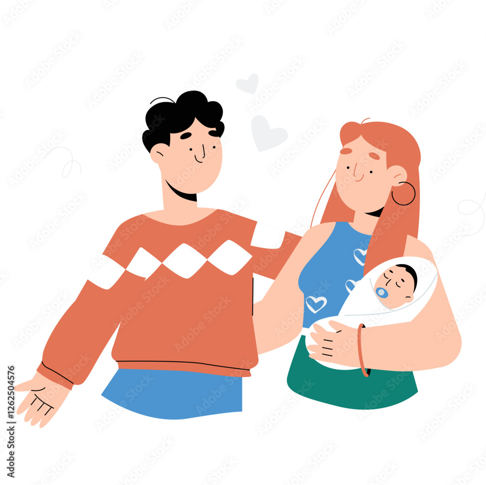 Happy Young Parents Holding Their Newborn Baby In Flat Vector Illustration Symbolizing Parenthood, Family Bond, And New Life, Isolated On White Background. Happy Young Parents Holding Their Newborn Baby In Flat Vector Illustration Symbolizing Parenthood, Family Bond, And New Life, Isolated On White Background.