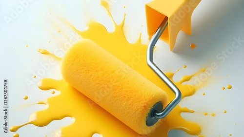 Abstract image of a yellow paint roller paints the wall of a white house in a modern yellow color