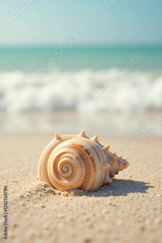 Summer beach with strafish and shells on Fine Sand – Soft Natural Lighting Highlights Its Curves and Texture, Creating a Peaceful, Beach-Inspired Aesthetic Perfect for Travel and Ocean- photo