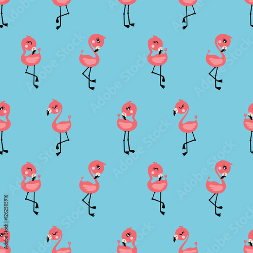 Seamless background pattern with fun and whimsical tropical flamingos