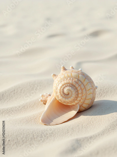 Summer beach with strafish and shells on Fine Sand – Soft Natural Lighting Highlights Its Curves and Texture, Creating a Peaceful, Beach-Inspired Aesthetic Perfect for Travel and Ocean- photo