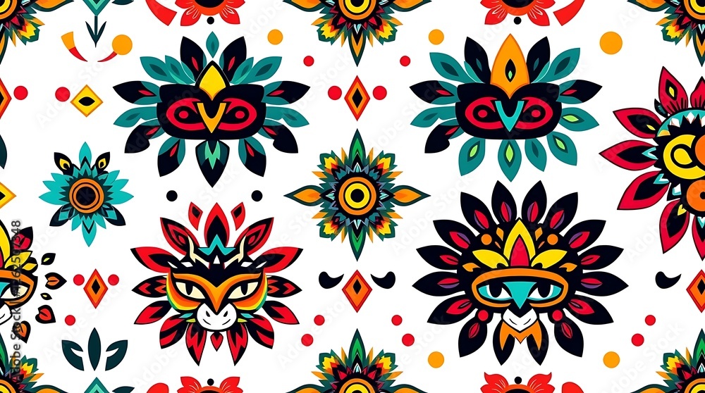 Fototapeta premium Vibrant Tribal Pattern: A seamless pattern featuring bold, colorful stylized animal faces and floral elements, reminiscent of tribal art. Perfect for textiles, fashion, and vibrant designs.