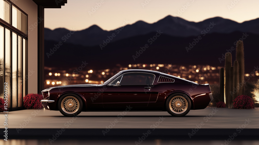 Fototapeta premium A classic 1960s muscle car parked in front of a modern home with a city skyline in the background, showcasing its timeless design and power. Ideal for automotive advertisements, vintage car promotions