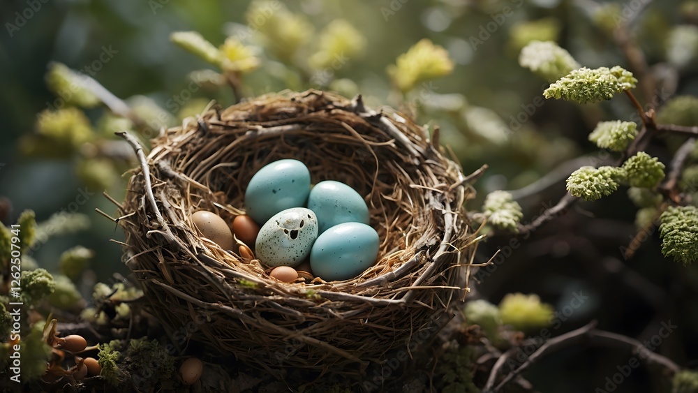 Nest Filled With Beautiful Blue and Brown Eggs Resting on a Tree Branch in Natural Environment Nest Filled With Beautiful Blue and Brown Eggs Resting on a Tree Branch in Natural Environment