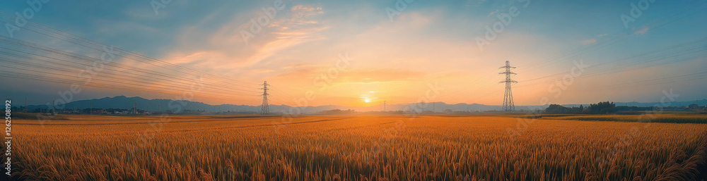Golden Rice Field at Sunset with Power Lines and Distant Mountains Golden Rice Field at Sunset with Power Lines and Distant Mountains