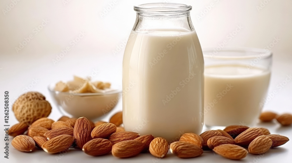 Fresh almond milk in bottle and glass, surrounded by almonds and almond slices, creates serene and healthy atmosphere. Perfect for minimalist kitchen setup Fresh almond milk in bottle and glass, surrounded by almonds and almond slices, creates serene and healthy atmosphere. Perfect for minimalist kitchen setup
