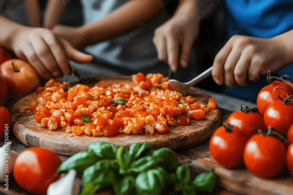 A vibrant close-up of freshly chopped tomatoes, garlic, and basil on a wooden cutting board, being prepared for a delicious homemade bruschetta. A vibrant close-up of freshly chopped tomatoes, garlic, and basil on a wooden cutting board, being prepared for a delicious homemade bruschetta.