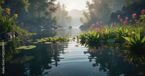 Water plants swaying gently on a serene lake surface, underwater view, azolla microphylla, freshwater environment photo