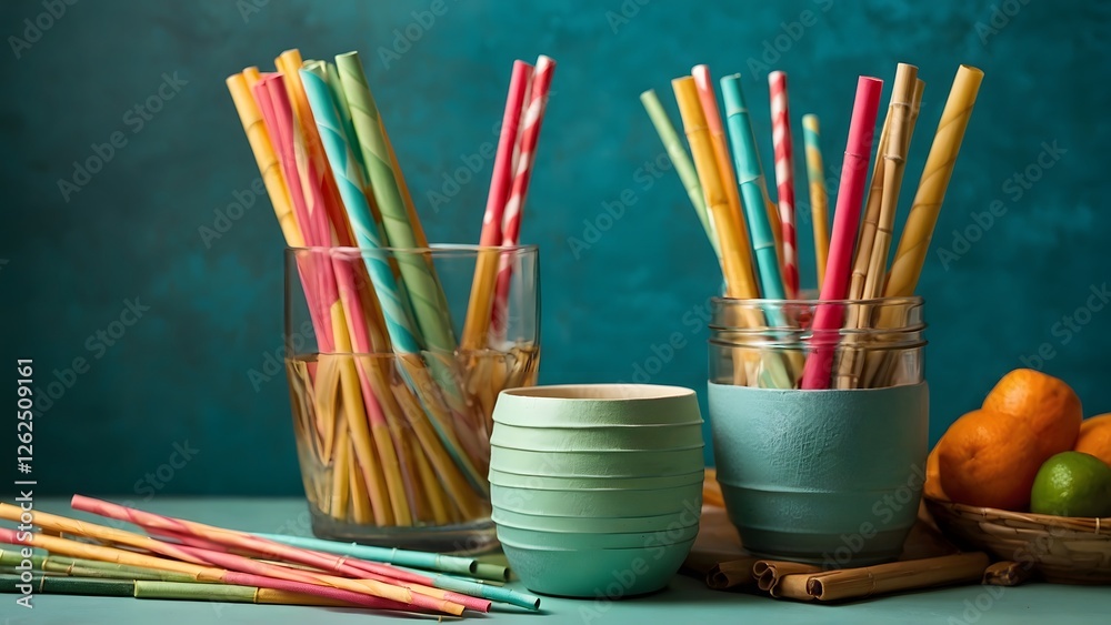Obraz premium Colorful Reusable Straws Arranged in Glasses and Bowls on a Teal Background in a Bright Kitchen Setting