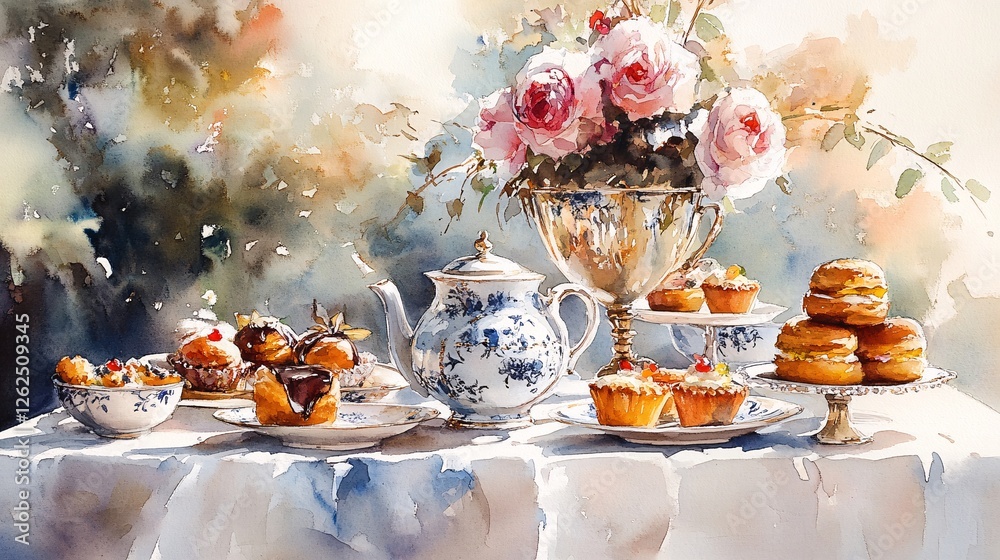 Watercolor painting of an afternoon tea scene with a teapot, fine china, and an assortment of pastries, evoking an elegant, serene atmosphere.