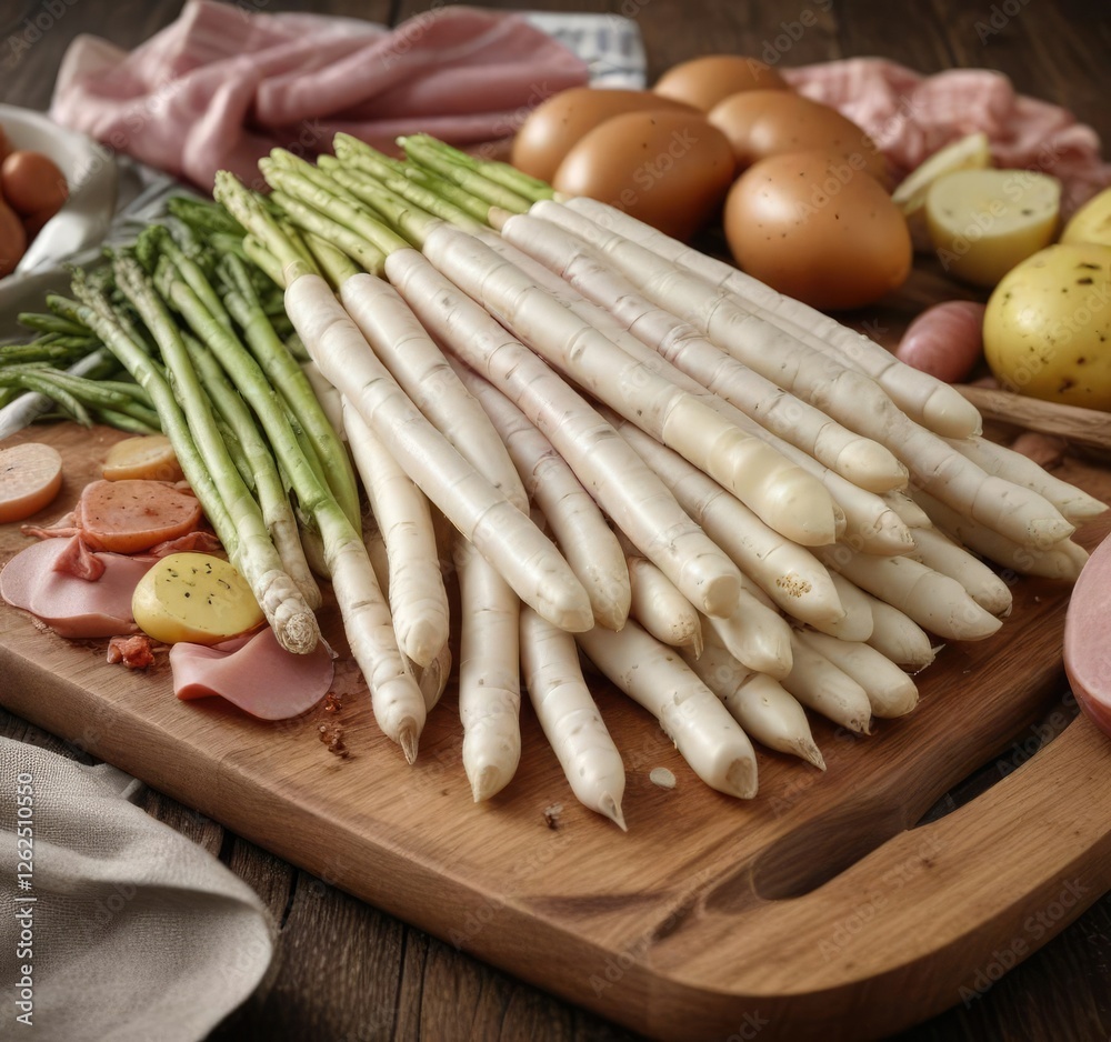 White asparagus spears stacked next to sliced boiled ham and boiled potatoes on a chopping board, grocery, market, fresh White asparagus spears stacked next to sliced boiled ham and boiled potatoes on a chopping board, grocery, market, fresh