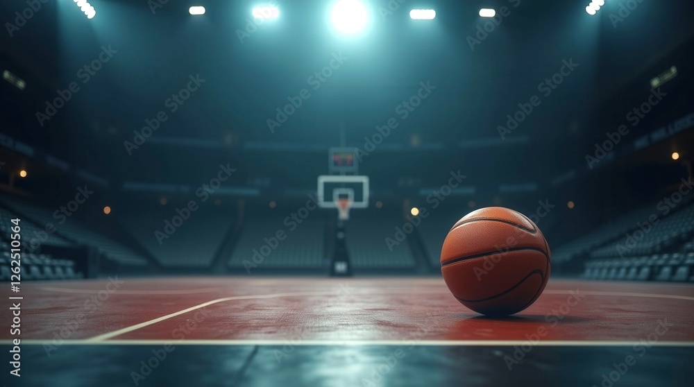 A basketball is sitting on the court, ready to be played with. Concept of anticipation and excitement for the game to come A basketball is sitting on the court, ready to be played with. Concept of anticipation and excitement for the game to come