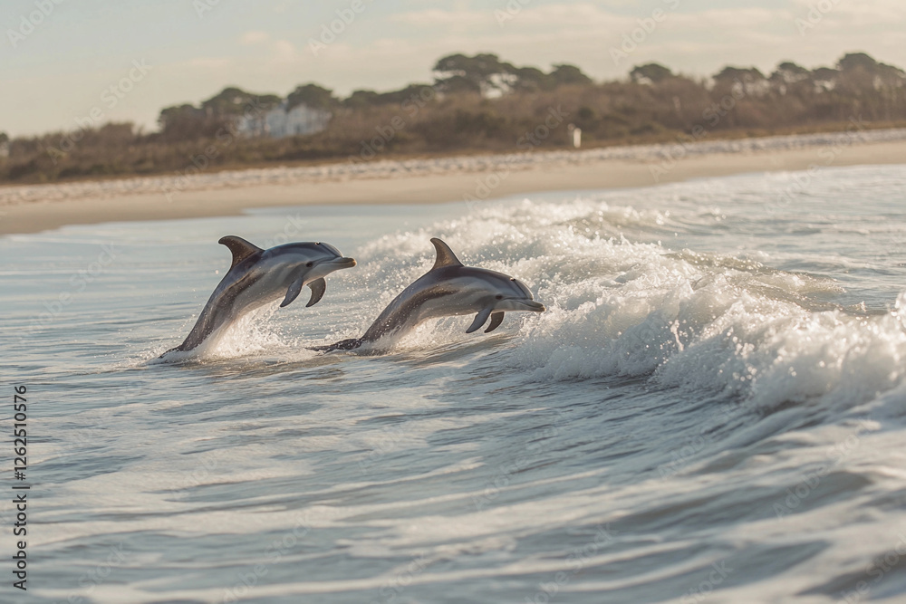 Obraz premium Dolphins playfully leap over waves while frolicking near the shore on a sunny day