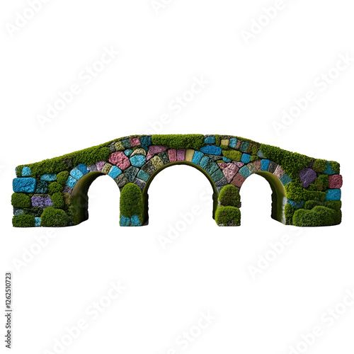A  colorful  stone bridge with arches and moss-covered surfaces