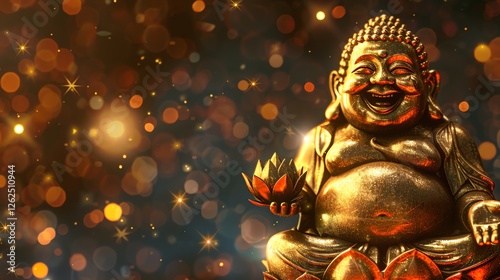 A golden statue of a laughing Buddha against a background of golden lights.