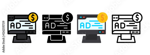 Set of ROAS (Return on Ad Spend) Line, Line Filled, Glyph, Flat Icons