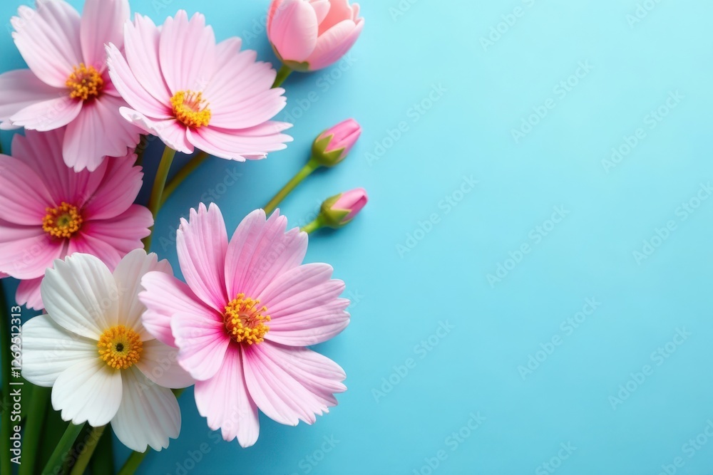 Cheerful pink and white flower composition on a calming blue Perfect for spring greeting cards , greeting card, joyful, calm Cheerful pink and white flower composition on a calming blue Perfect for spring greeting cards , greeting card, joyful, calm