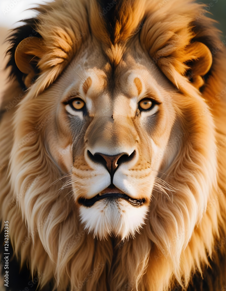 Fototapeta premium Regal lion with glowing golden mane and a bold, intense look