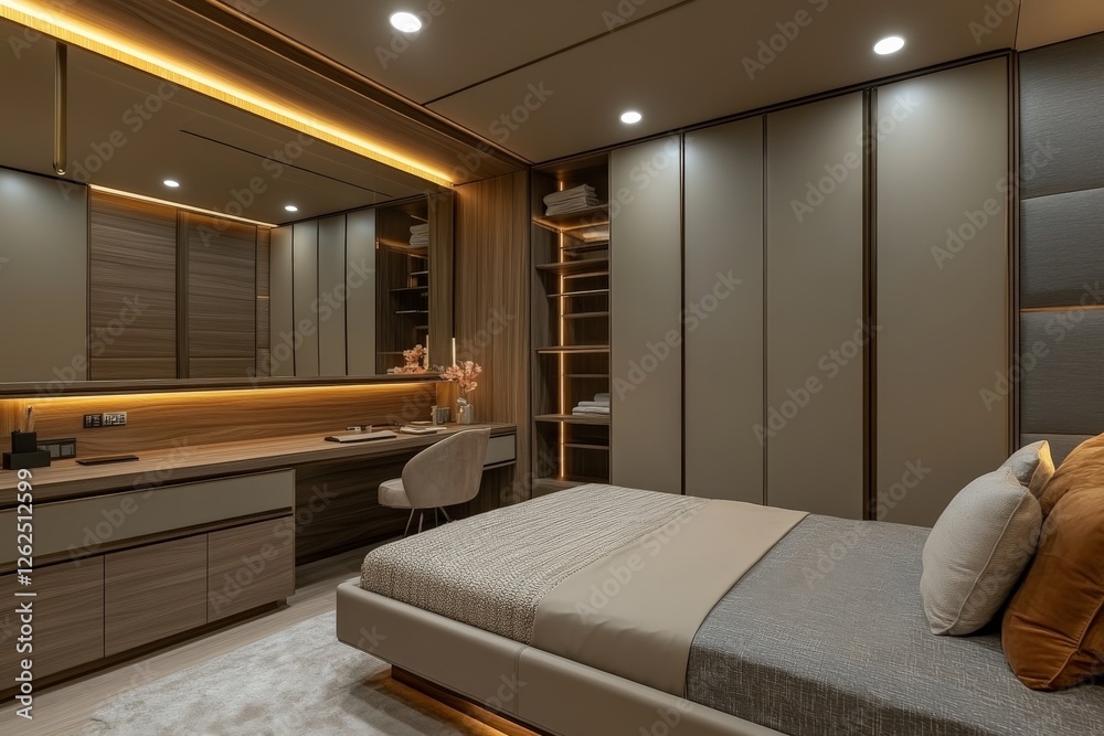 Fototapeta premium Modern and minimalist bedroom design with warm lighting and stylish furnishings in a contemporary apartment