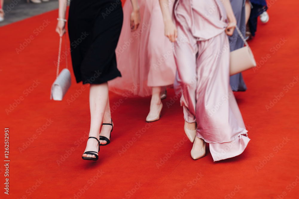 Red carpet with ropes and golden barriers on a luxury party entrance, cinema tv premiere film festival event award gala ceremony, wealthy rich guests arriving, outdoor decoration elements, summer day Red carpet with ropes and golden barriers on a luxury party entrance, cinema tv premiere film festival event award gala ceremony, wealthy rich guests arriving, outdoor decoration elements, summer day
