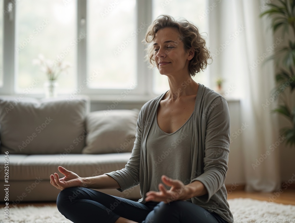 A woman meditating, eyes closed, sitting in a peaceful living room. She's in a relaxed posture, deep breathing, promoting mental health and mindfulness. A concept of self-care, stress-free living A woman meditating, eyes closed, sitting in a peaceful living room. She's in a relaxed posture, deep breathing, promoting mental health and mindfulness. A concept of self-care, stress-free living