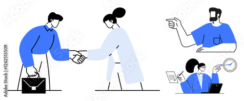 Handshake between business people, man pointing with task assignment, woman presenting time management and collaboration. Ideal for teamwork, business relationships, communication, leadership, time