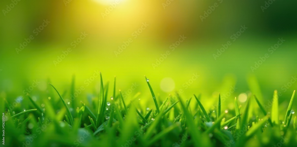 Obraz premium Close-up dew drops on blades of spring grass in sunlit meadow , detail, spring, spring