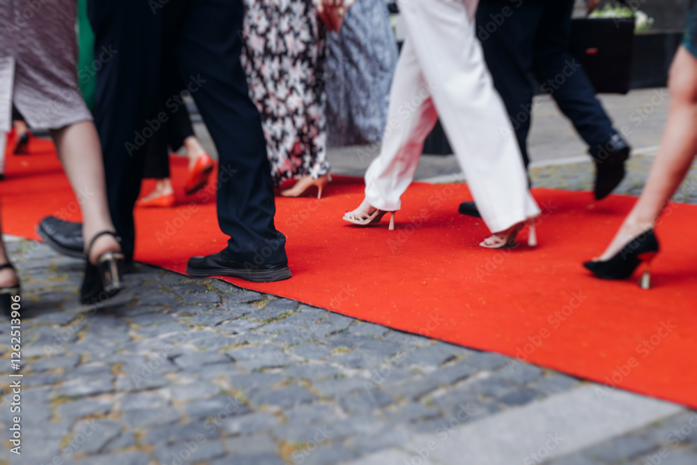Red carpet with ropes and golden barriers on a luxury party entrance, cinema tv premiere film festival event award gala ceremony, wealthy rich guests arriving, outdoor decoration elements, summer day Red carpet with ropes and golden barriers on a luxury party entrance, cinema tv premiere film festival event award gala ceremony, wealthy rich guests arriving, outdoor decoration elements, summer day